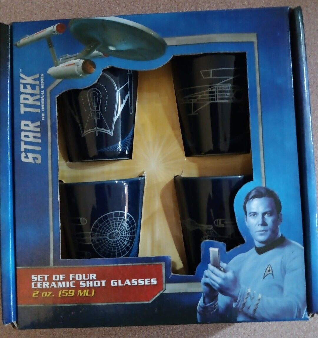 2014 Star Trek Set Of 4 Dark Blue Shot Glasses Reverse Design Open Box