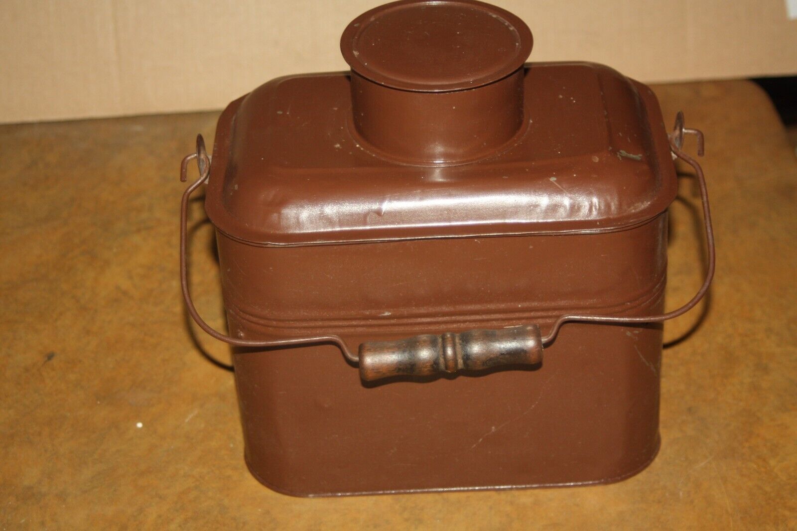 Vintage Wood Handled Miner\'s - Railroad Man\'s Three Piece Metal Lunch Box