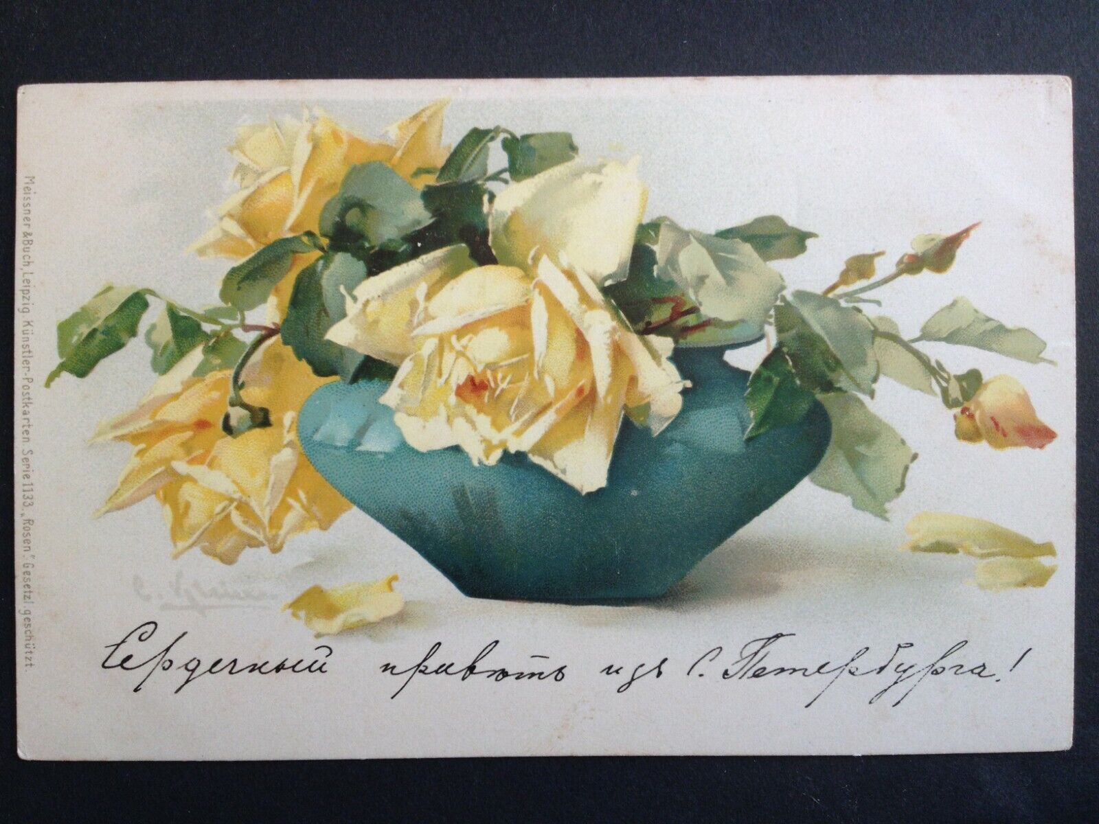 cpa Meissner & book WATERCOLOR DRAWING signed Catharina KLEIN roses yellow ROSES