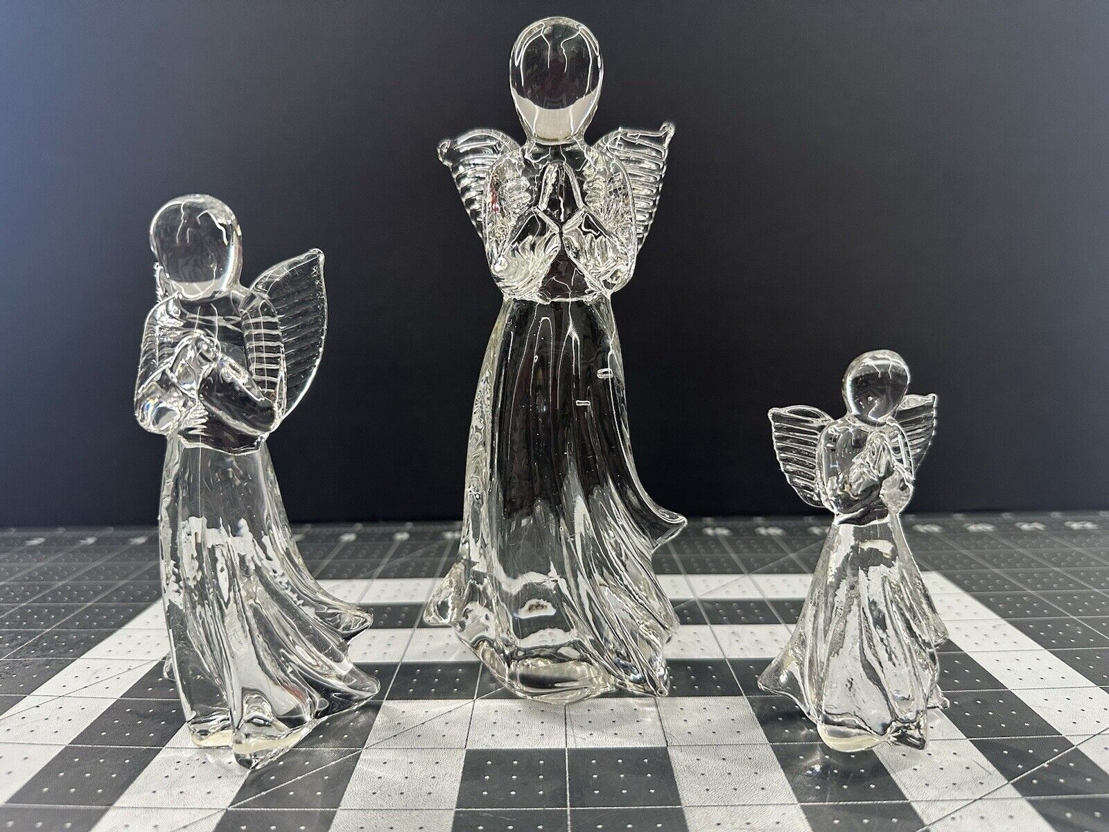 Vintage Enesco Crystal Clear Glass Figurines Angels Praying Religious Set of 3