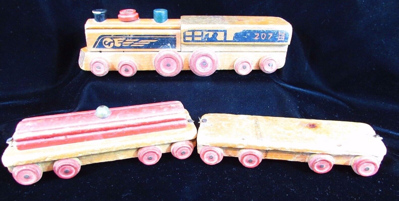 Vintage Cass Limited Wooden Locomotive Train Pull Toy Engine 207 3 Piece 1940\'s