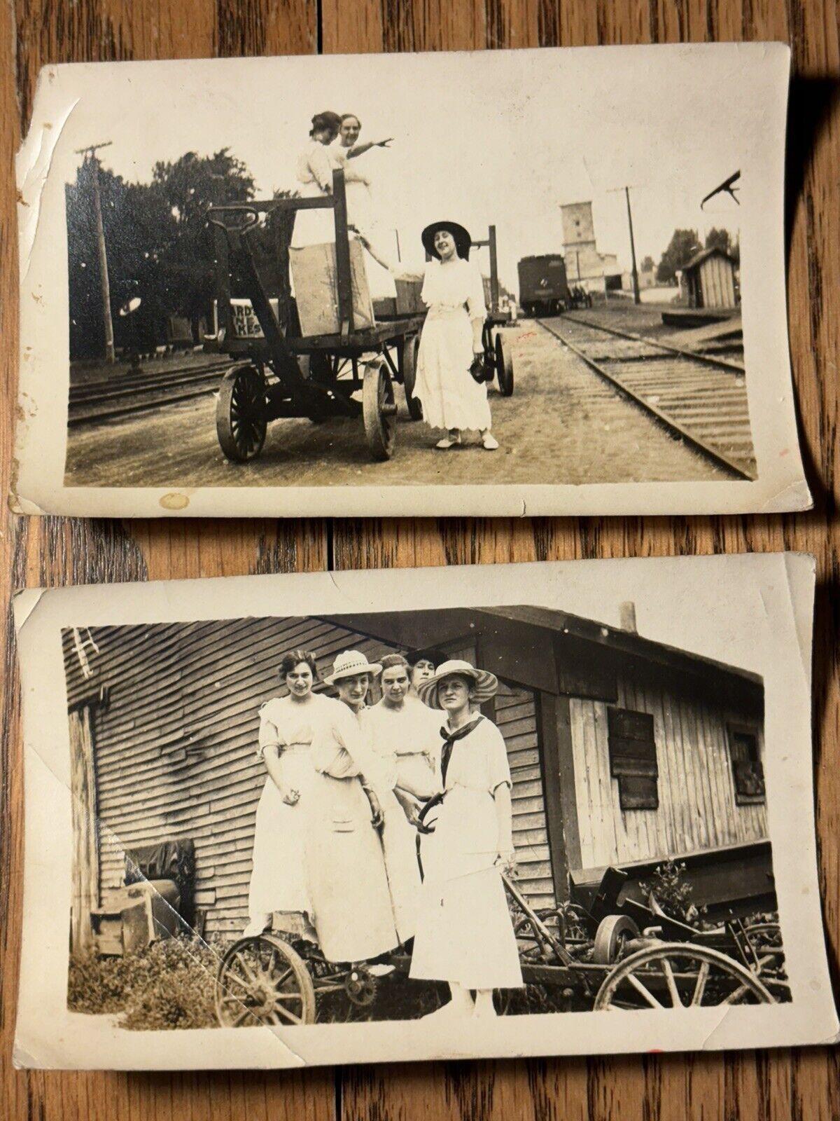 2 Early 1900s Photograph Automobile Homemade Car Bicycle Girls Train Tracks Town