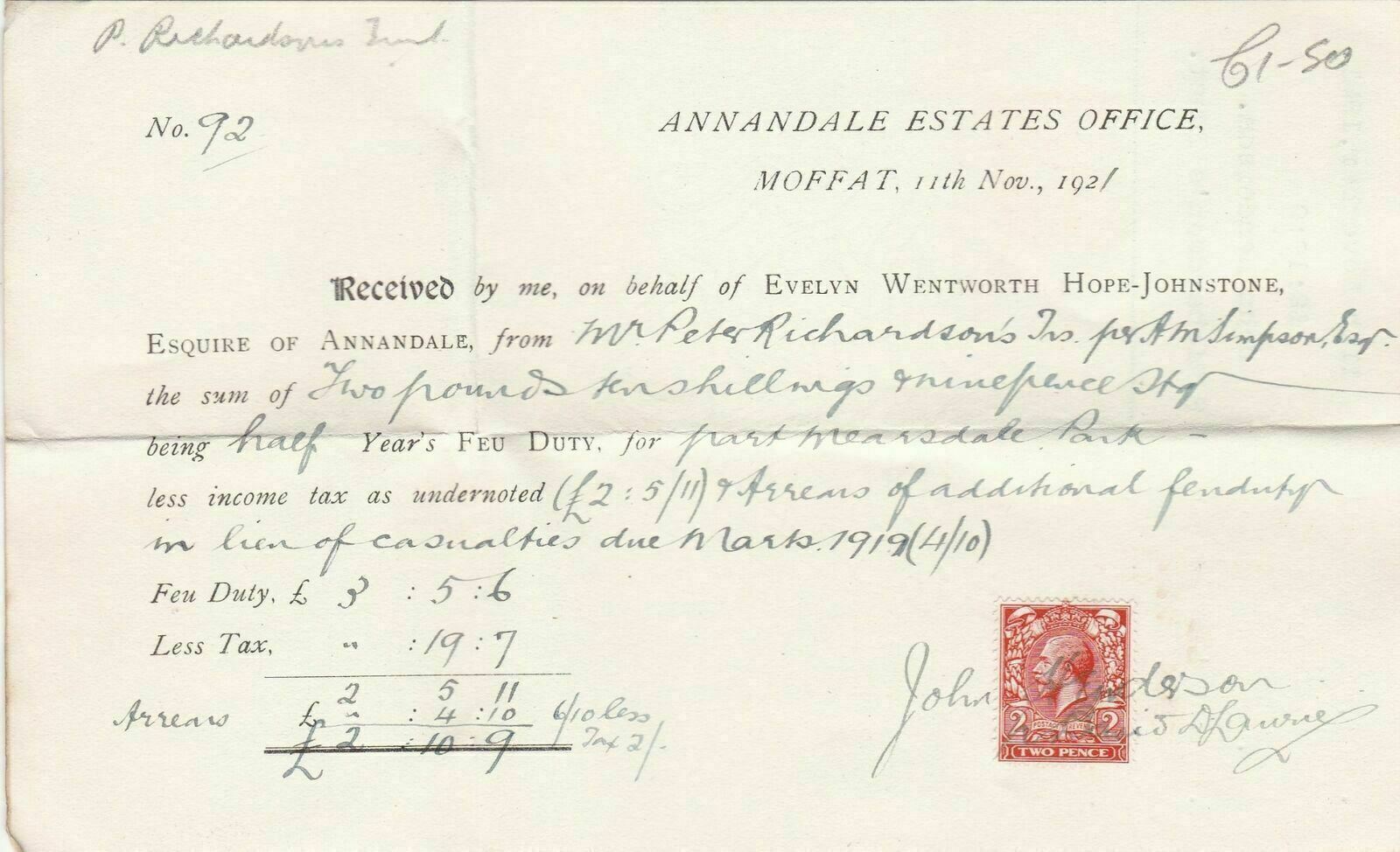 P. Richardsons Trust 1921 Annandale Estates Off. Half Year Stamp Receipt   41474