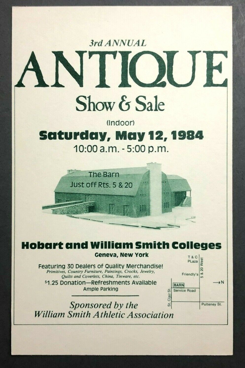 1984 Geneva NY Hobart and William Smith Colleges Antique Show Barn Postcard Vtg