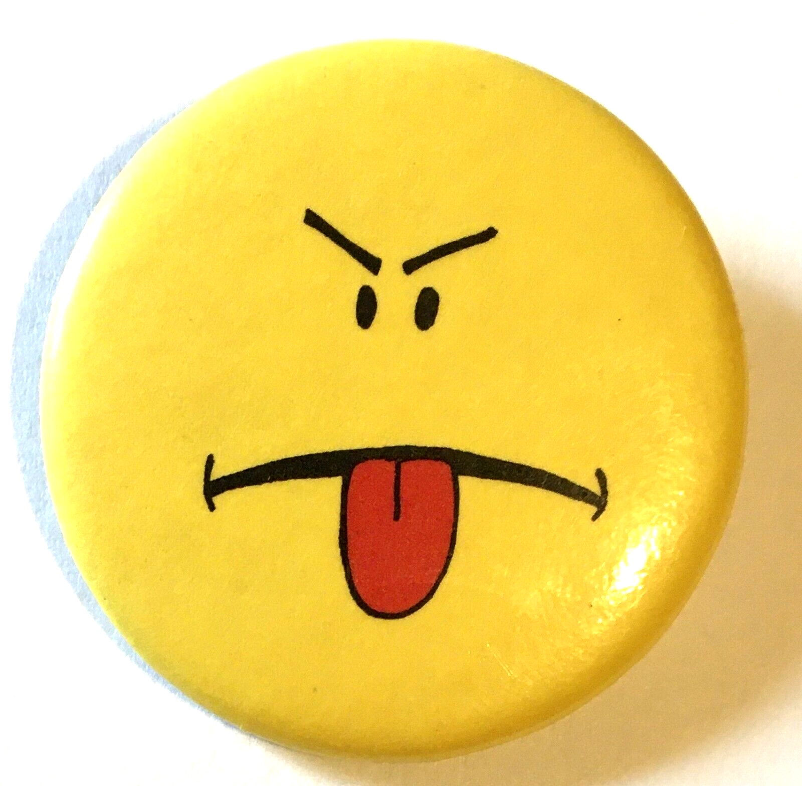 Vintage 1984 Yellow Face Angry Tongue Sticking Out Pin Back Button Yuck 1.75\