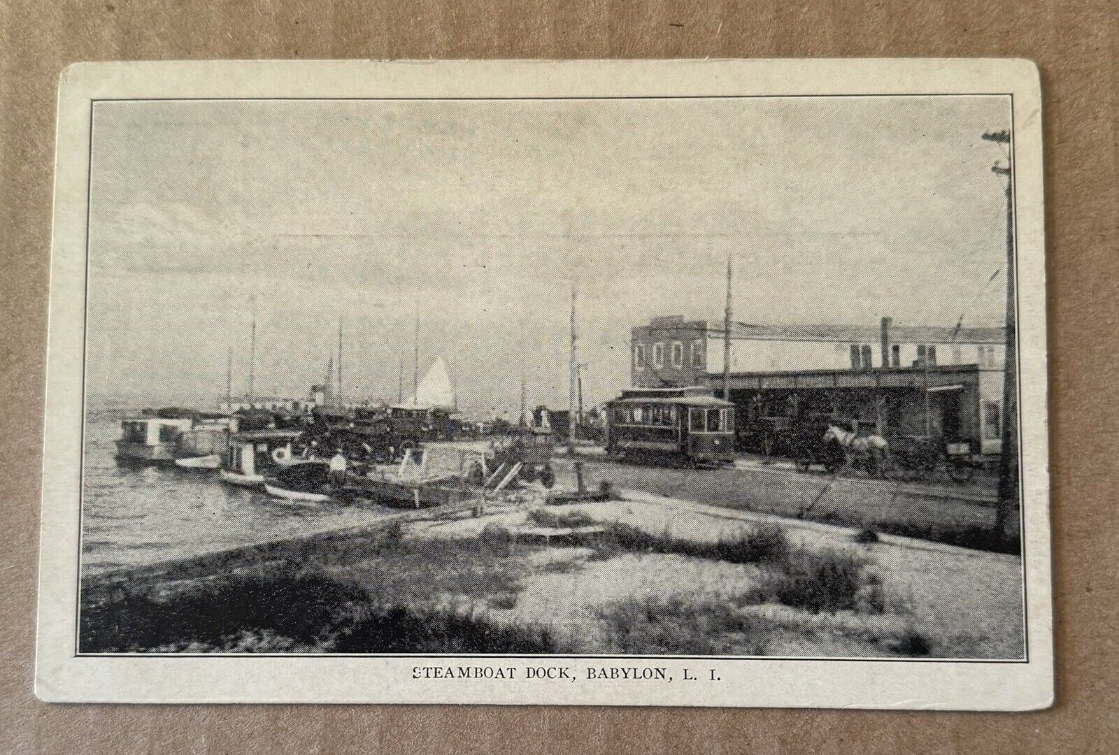 Babylon, Long Island NY 1910 Postcard Steamboat Dock, Trolley Railroad Car 