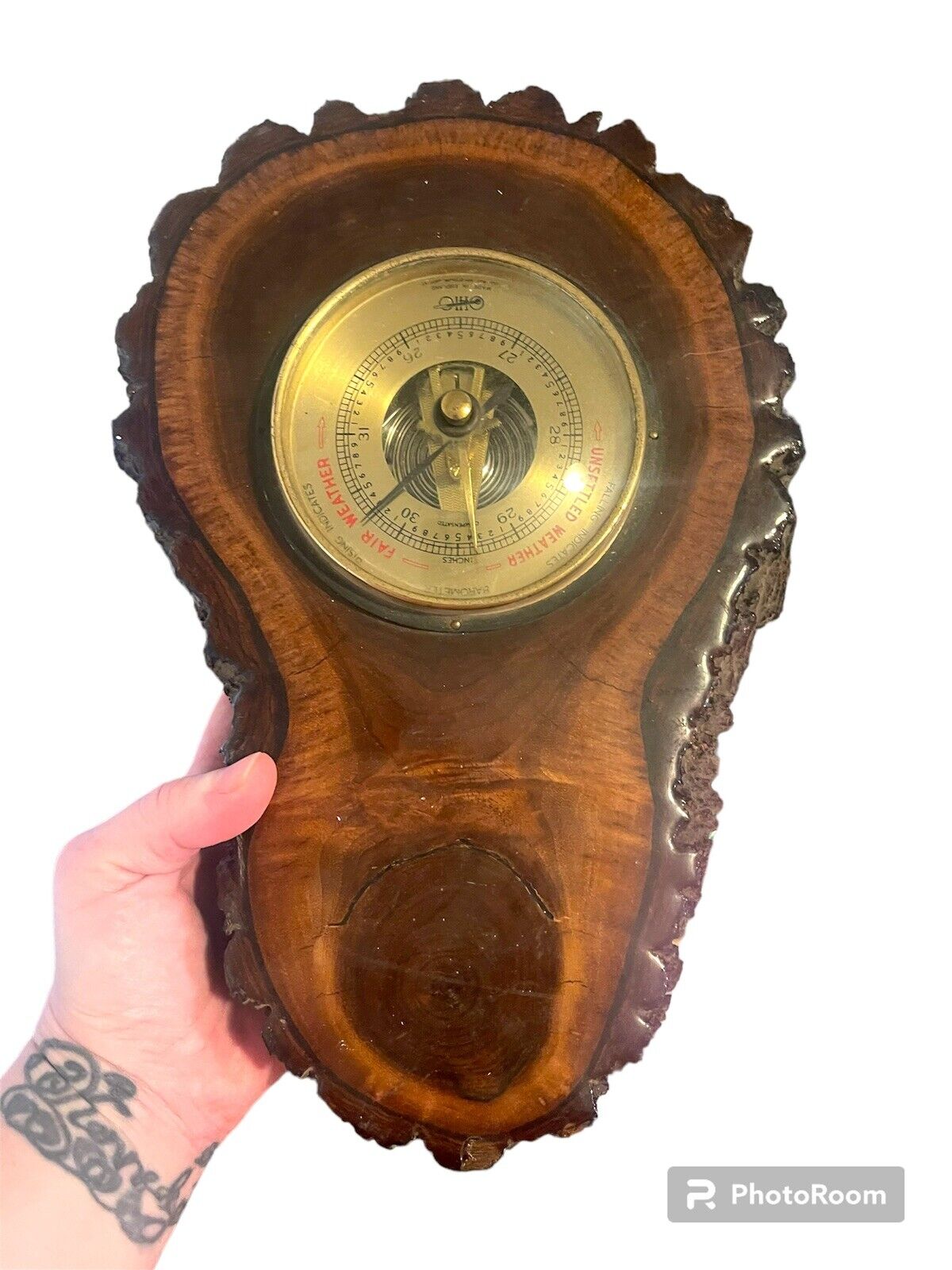 Vintage Barometer On Slab Of Wood By Ohio Company Made In England