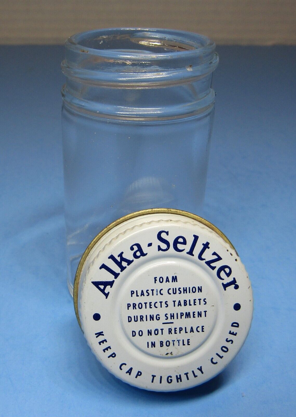Vintage *Alka-Seltzer* Empty Glass Bottle w/ Light Blue Metal Cap / Lid