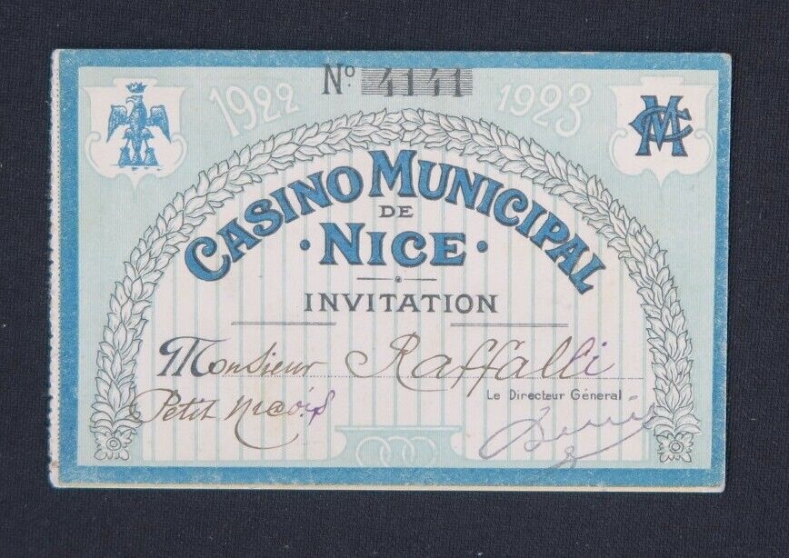 1922 1923 NICE MUNICIPAL CASINO CASINO Monsieur RAFFALLI Invitation Card