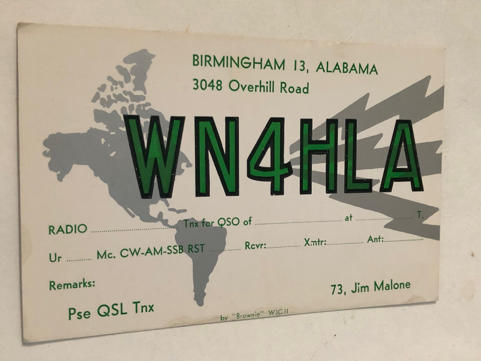 Vintage Ham radio Amateur Card WA4HLA Birmingham Alabama 1965