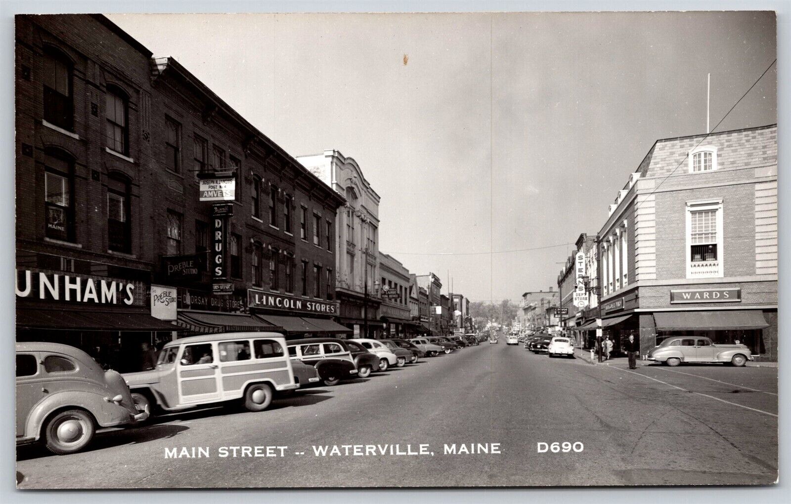 Postcard Main Street, Waterville, Maine busy street scene c1950-60's RPPC T101
