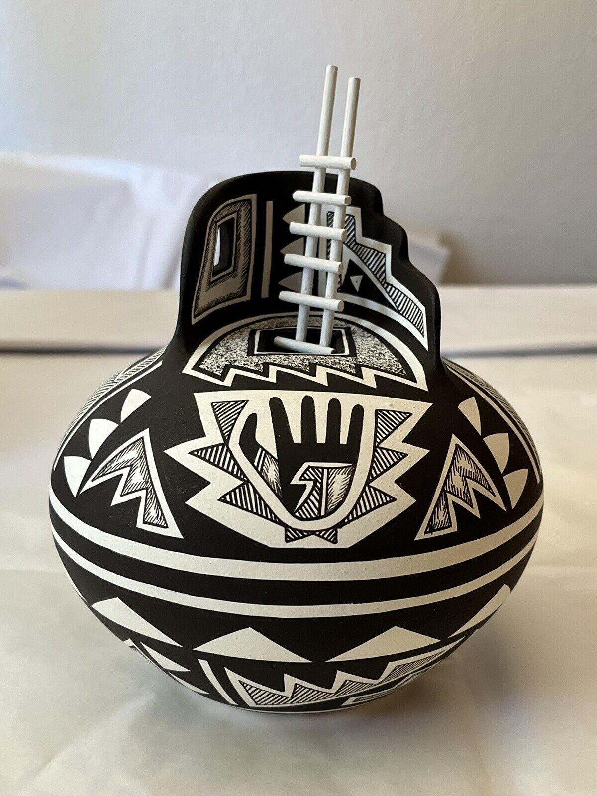 Handmade Acoma Inspired Healing Hand Kiva Pot By Navajo Artist Westly Begaye