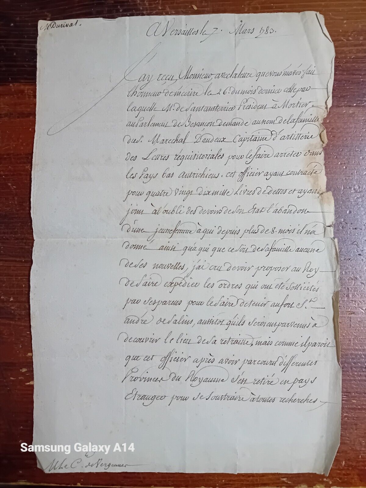 Autograph letter Charles Gravier De Vergennes Parliament BesanÃ§on 