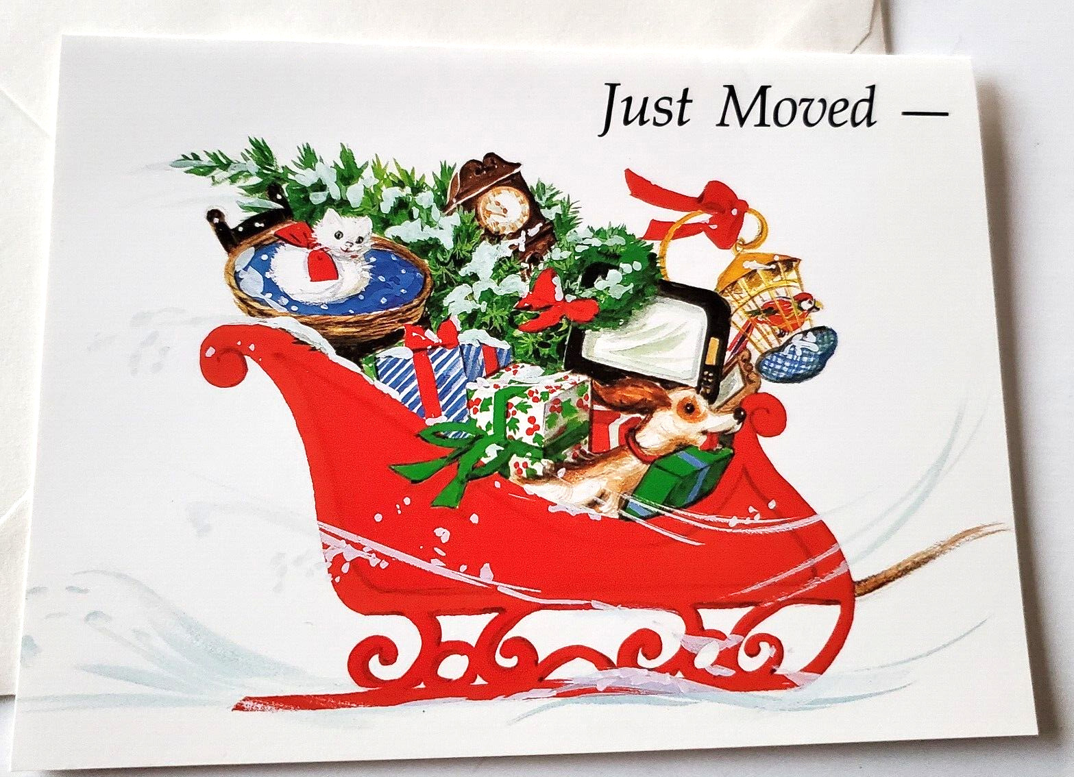 Vintage Christmas Card Just Moved Sleigh Full of Gifts Dog Cat Birdcage TV Tree
