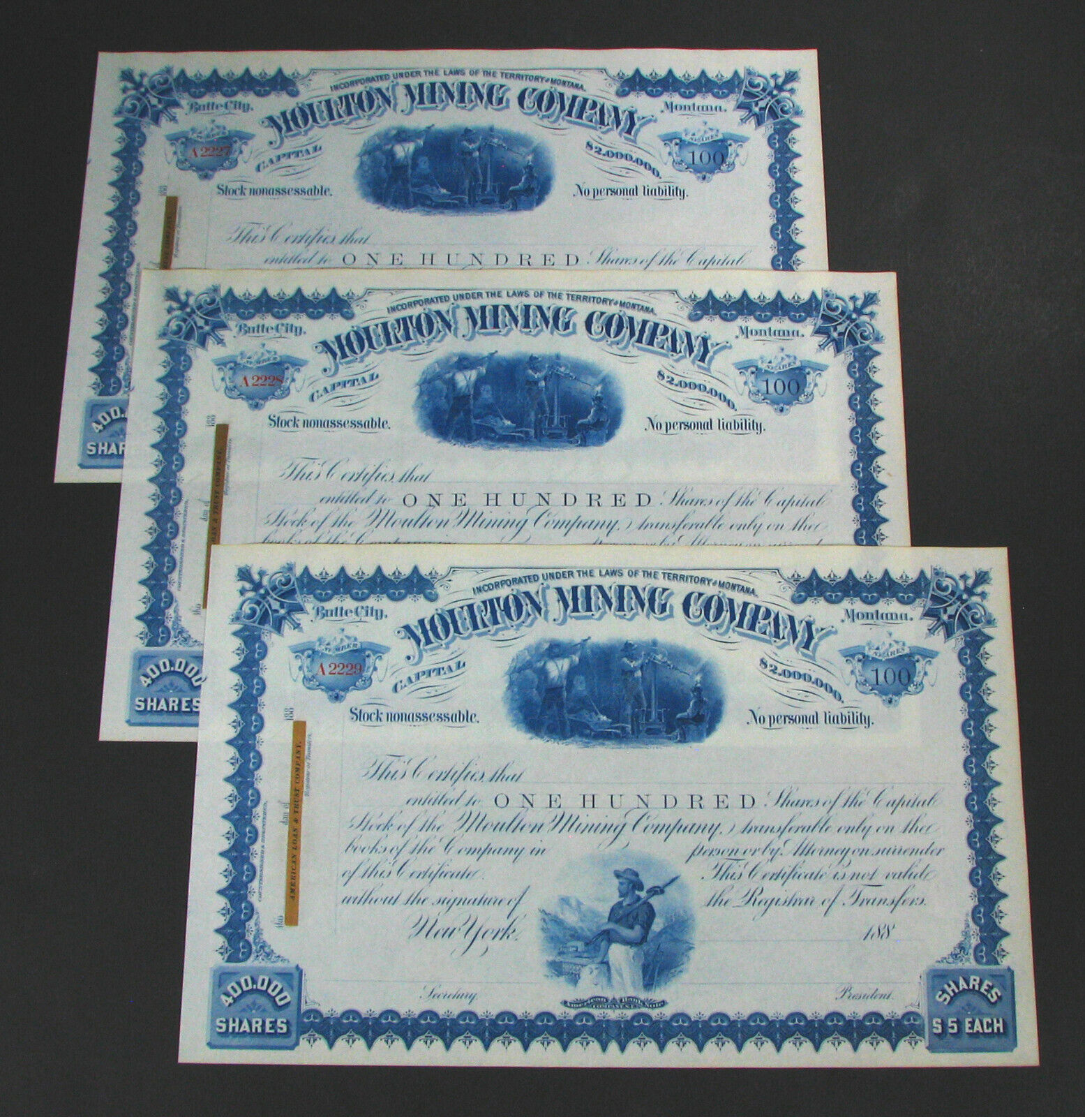 #13 - 3 old BUTTE CITY, MONTANA TERRITORY stock certificates MOULTON MINING CO.