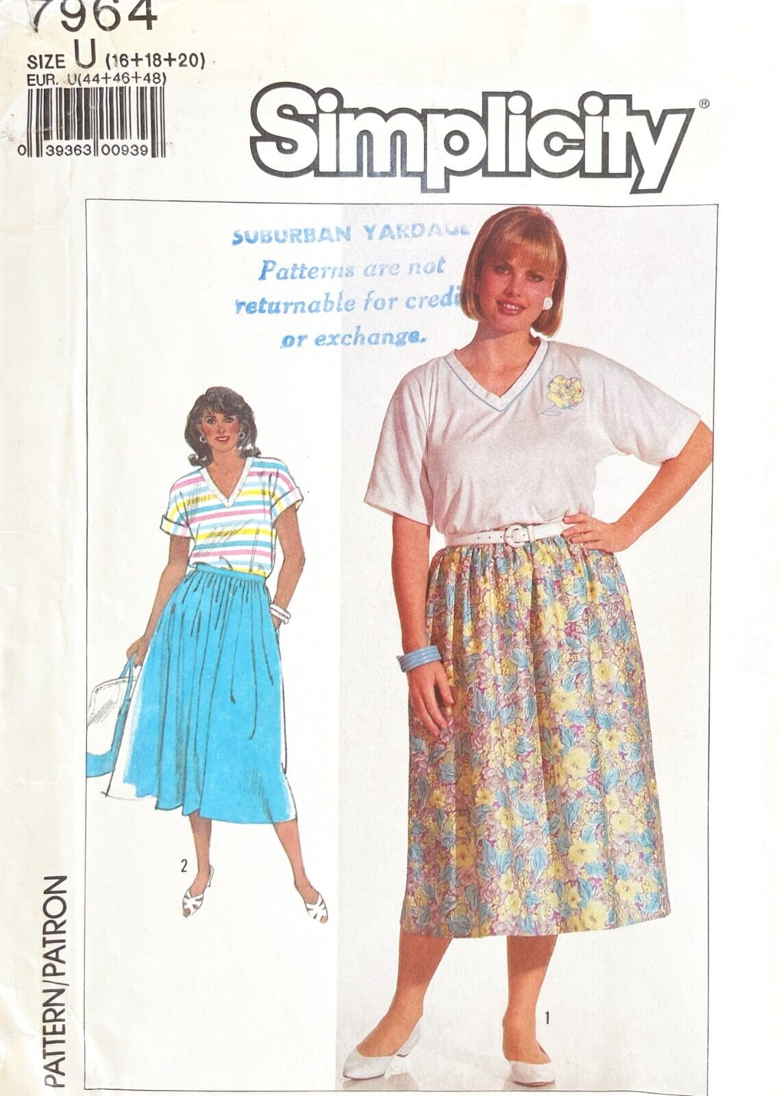 1980\'s Simplicity Misses\' Skirt and Top Pattern 7964 Size 16-20 UNCUT