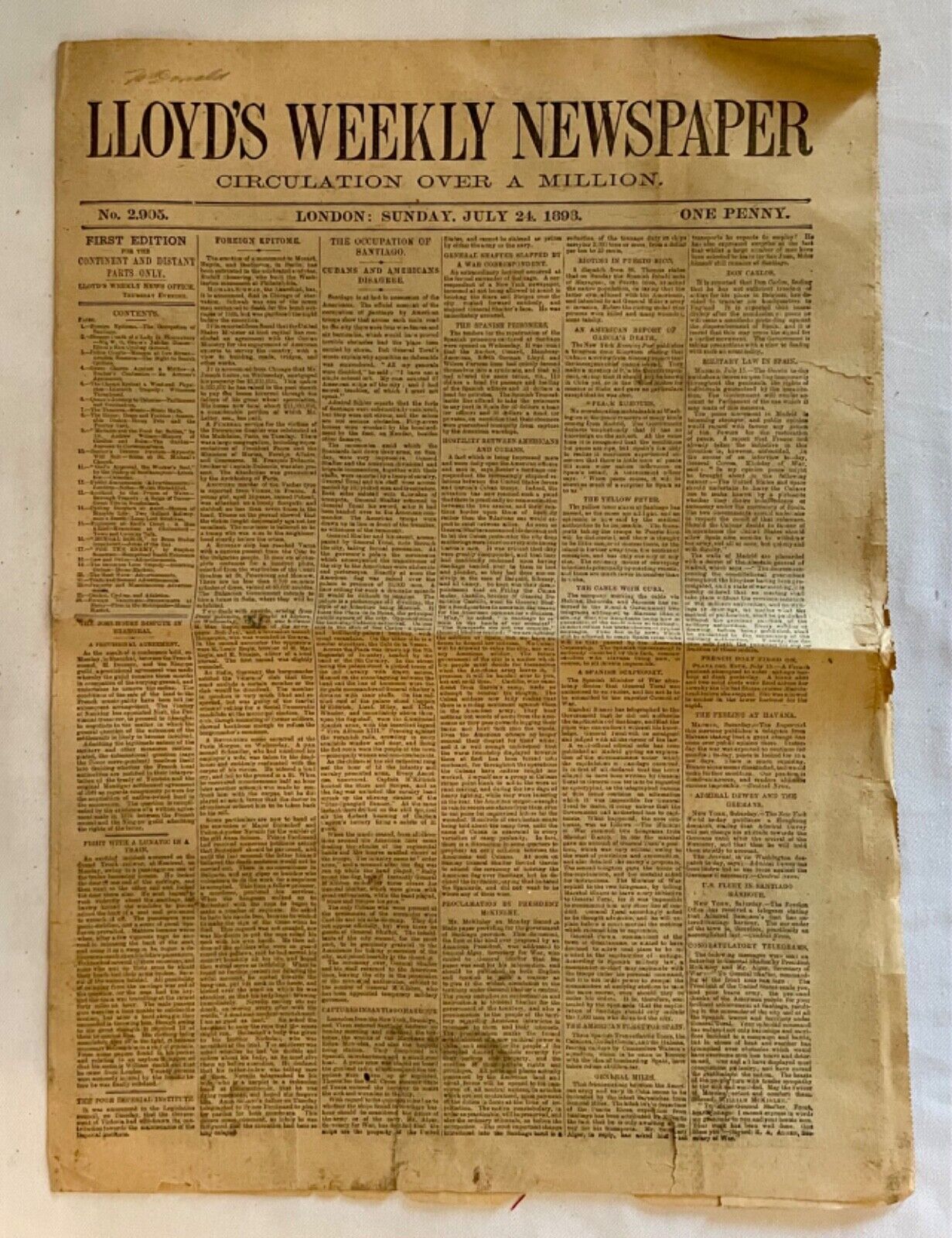 Antique English Newspaper...Lloyd\'s Weekly Newspaper..London, July 24, 1898