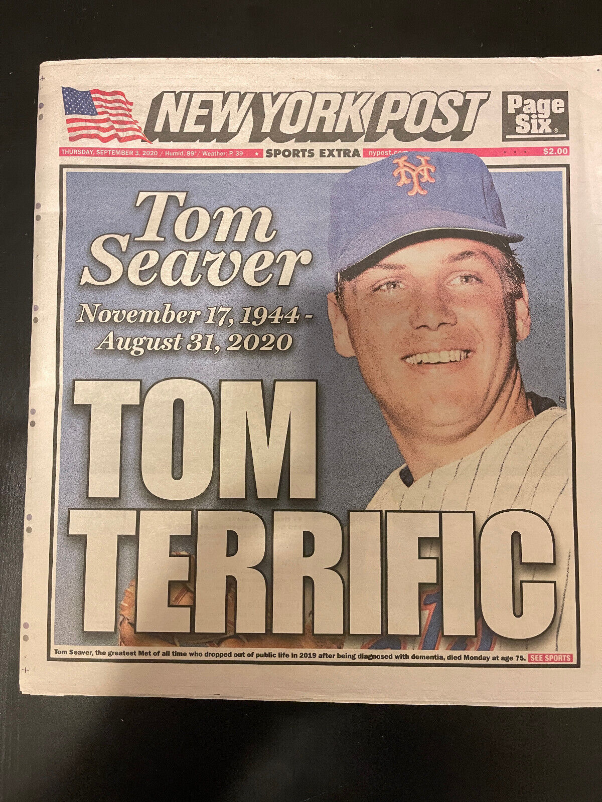 NEW YORK POST NEWSPAPER - TOM SEAVER DIED 1944-2020- NEW