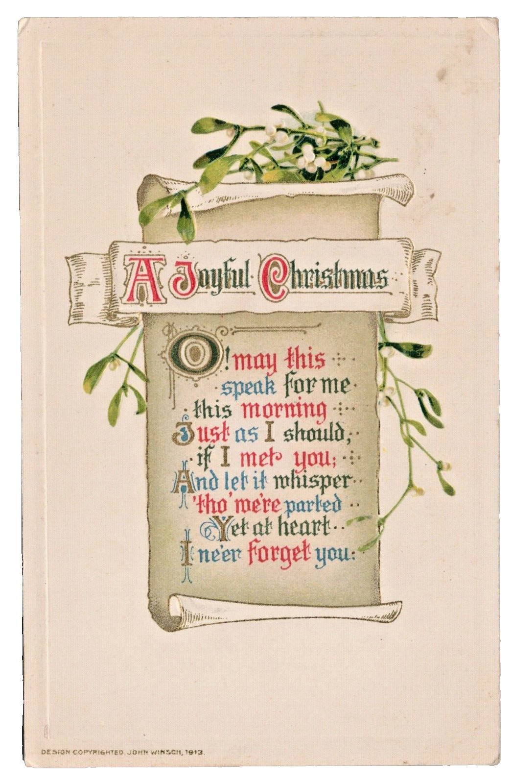 Postcard A Joyful Christmas 1913 Poem to Loved One Far Away John Winsch Embossed