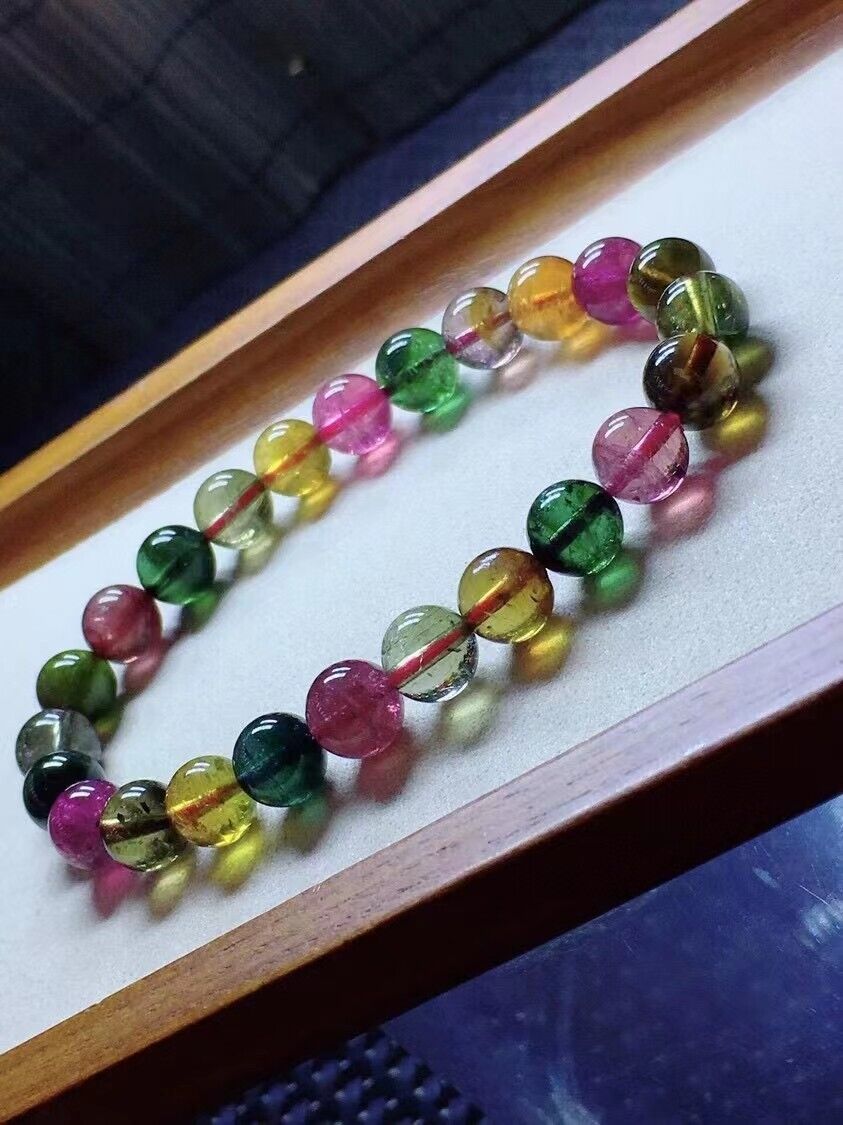100% Natural  Colorful Tourmaline  Round  Beads Bracelet 7mm AAAAA
