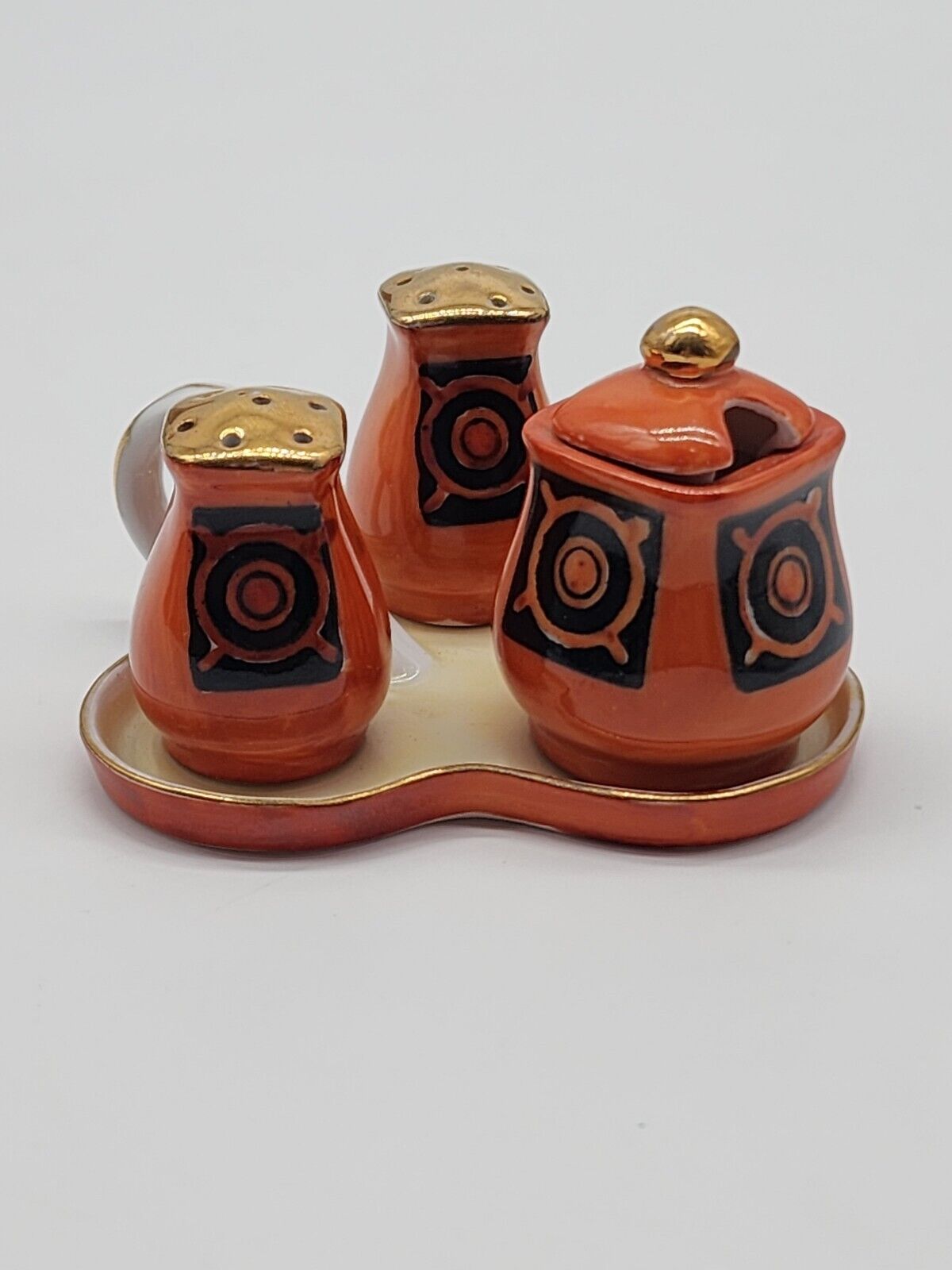 Vtg Art Deco Noritake Condiment Set Salt Pepper Geometric Motif Orange Black 