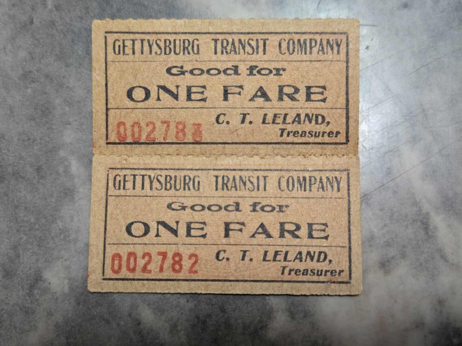 RARE C. 1900 PAIR ATTACHED GETTYSBURG TRANSIT COMPANY ELECTRIC RAILWAY TICKETS #