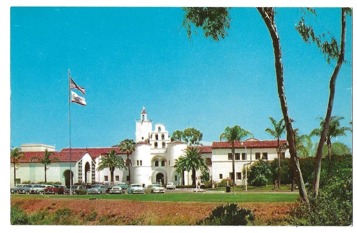 San Diego California c1960\'s San Diego State College, campus building, old car