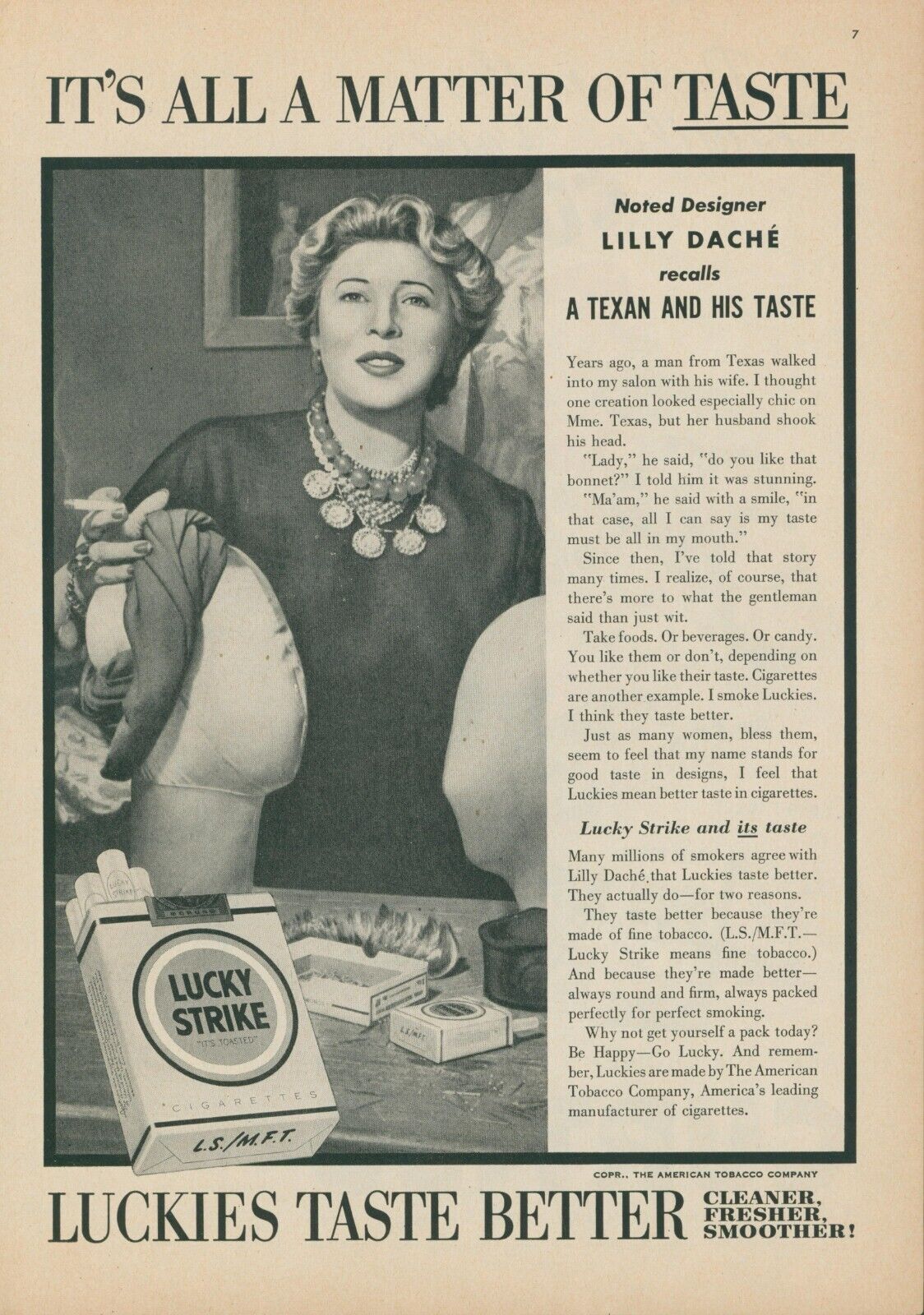 1954 Lucky Strike Lilly Dache Designer Texan And His Taste Ad BL3