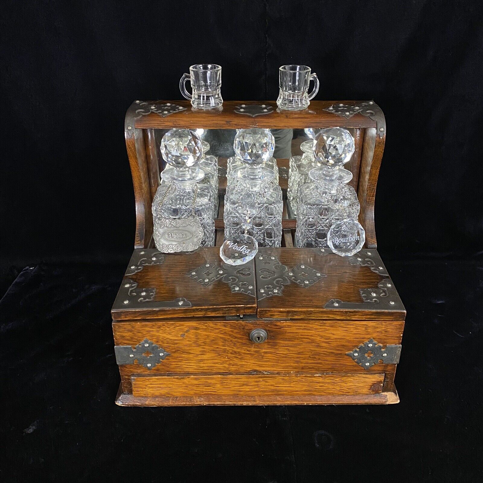 19th Century English Tantalus Liquor Decanter Set Branah London W/ Game Drawer