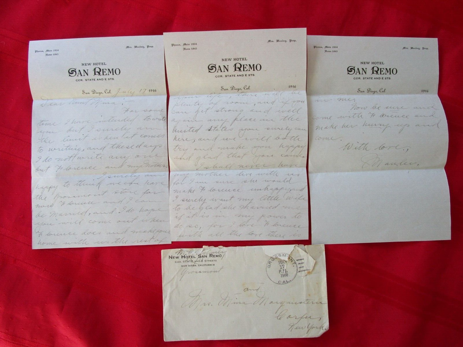 SAN DIEGO, CA. - 3 Page Letter & Cover - Hotel San Remo - 1916