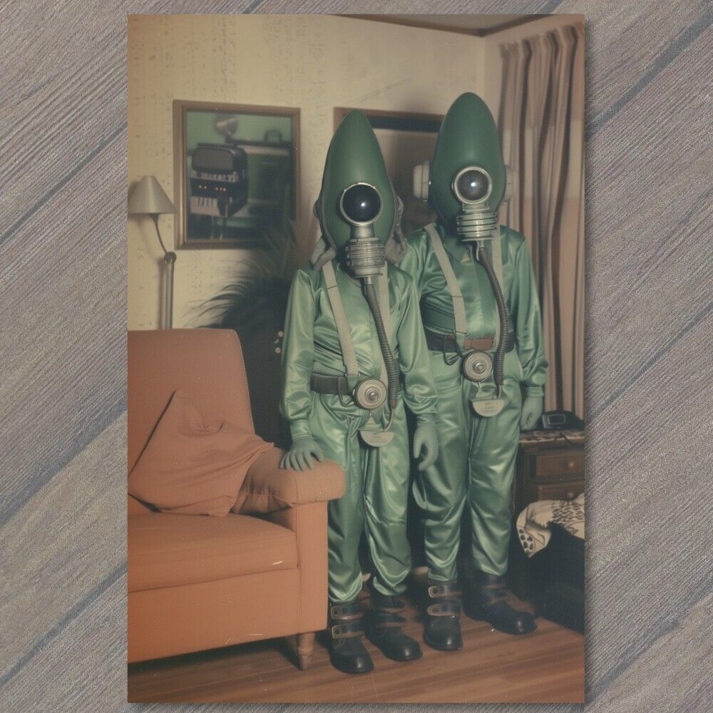 POSTCARD Alien Masks 70s Vibe 1970s Old Looking Halloween Weird Strange Unusual