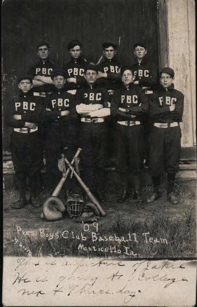 1910 RPPC Monticello,IA Press Boys Club Baseball Team 1909 PBC Jones County