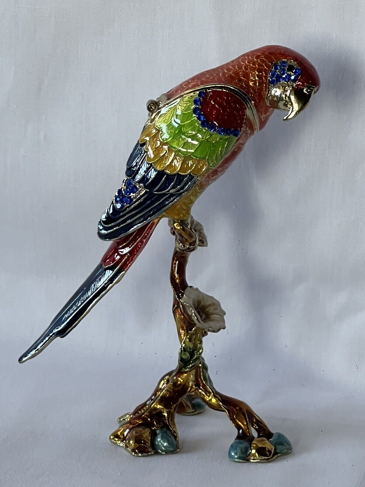 Bejeweled Parrot Trinket Box by Ciel. Hand Painted Enamel with Swrovski Crystals