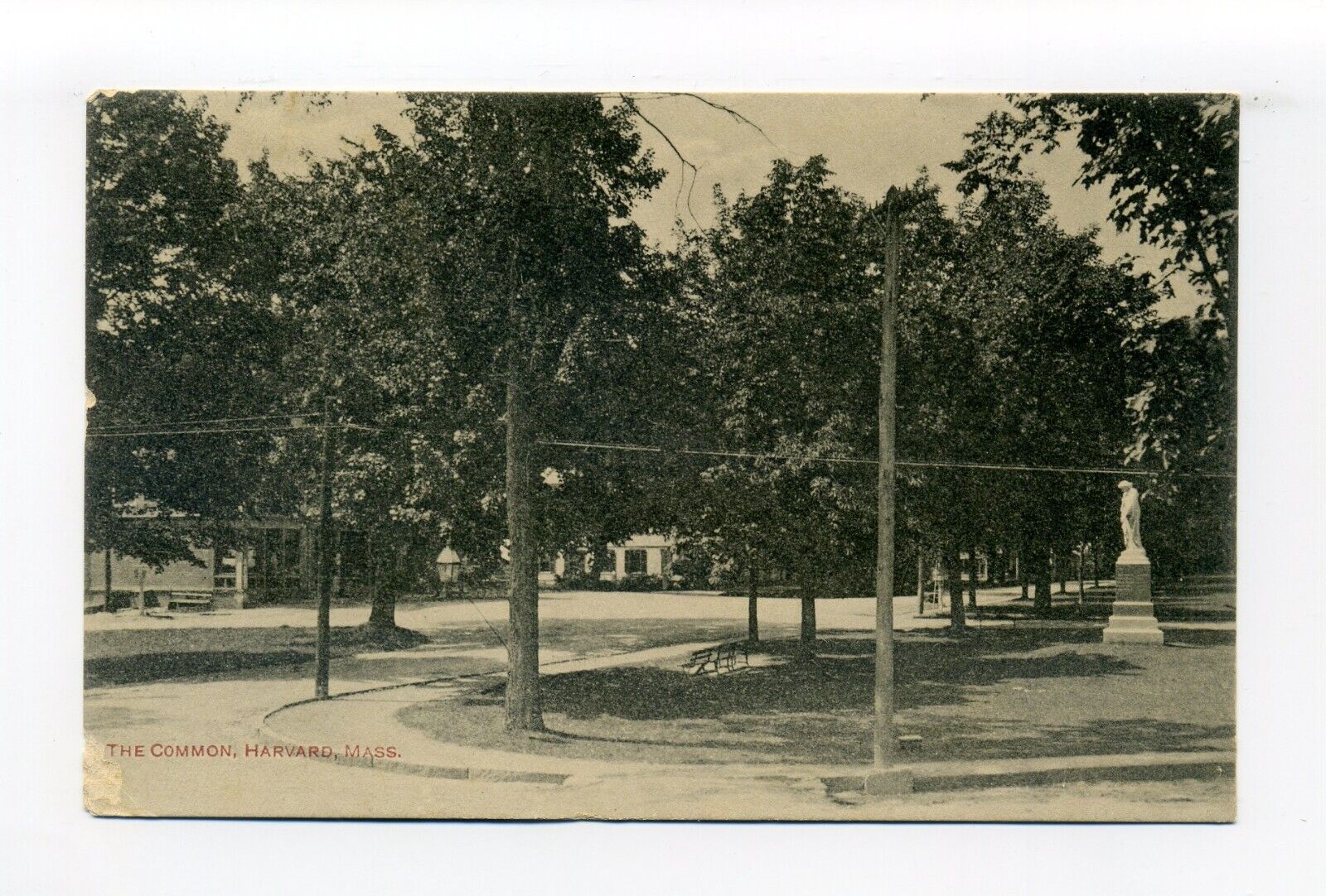 Town of Harvard MA 1913 postcard, The Common, statue, street, sad news
