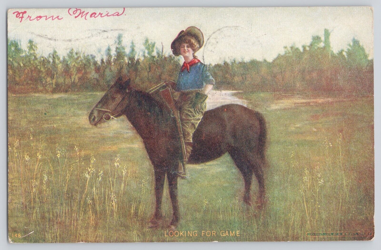 Postcard Cowgirl Female Hunter On Horse With Shotgun Vintage 1907