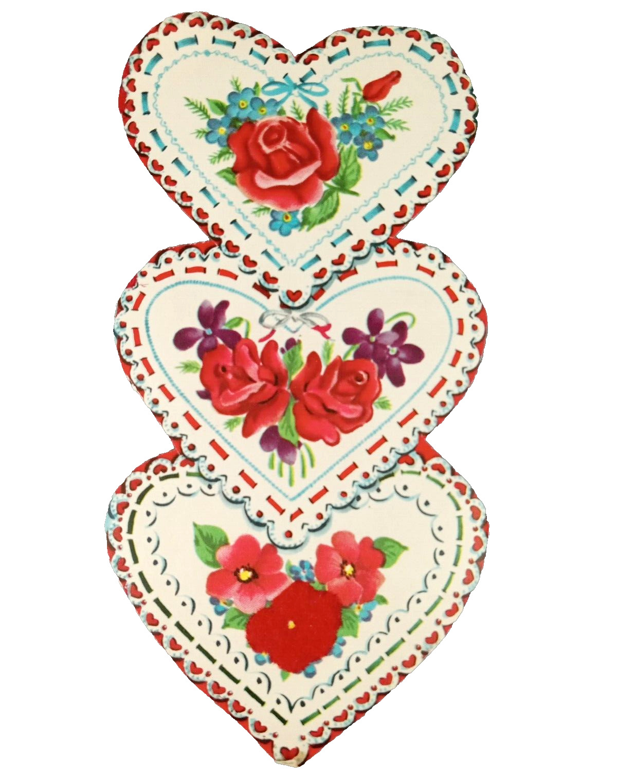 Vintage Valentine\'s Day Card Triple Heart Floral Rose Flocked Die-Cut UNUSED