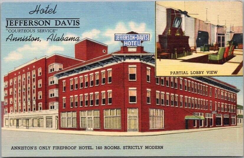 ANNISTON, Alabama Postcard HOTEL JEFFERSON DAVIS Street View Curteich Linen 1942