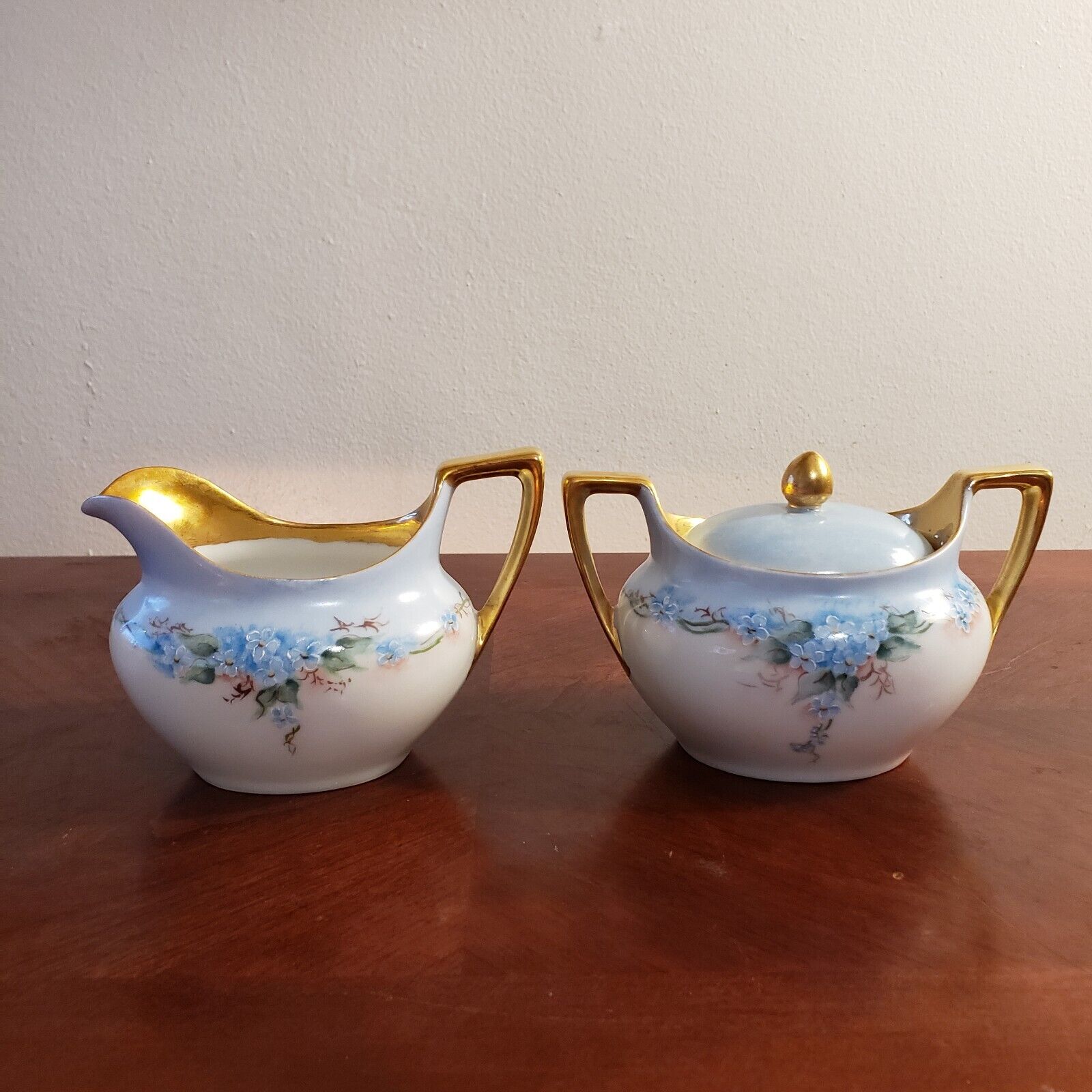 Antique R. S. Germany Gilded Hand Painted Creamer And Sugar Set With Lid