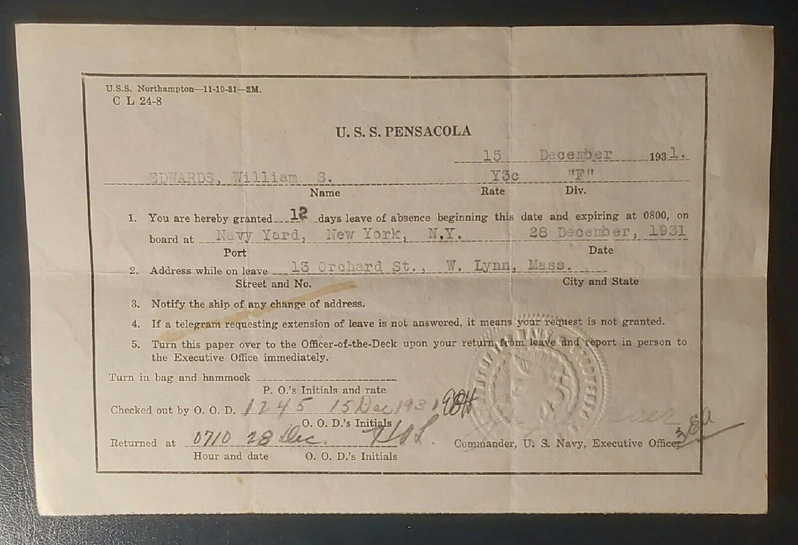 U.S. NAVY DOCUMENTS   U.S.S. PENSACOLA   1931 Leave Certificate + Report of Exam