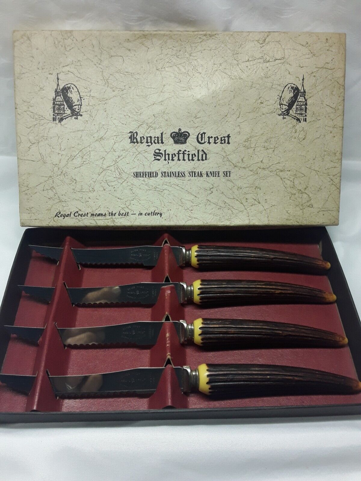 Regal Crest Sheffield 4 Steak Knives Stainless Faux Stag Horn Antler England  