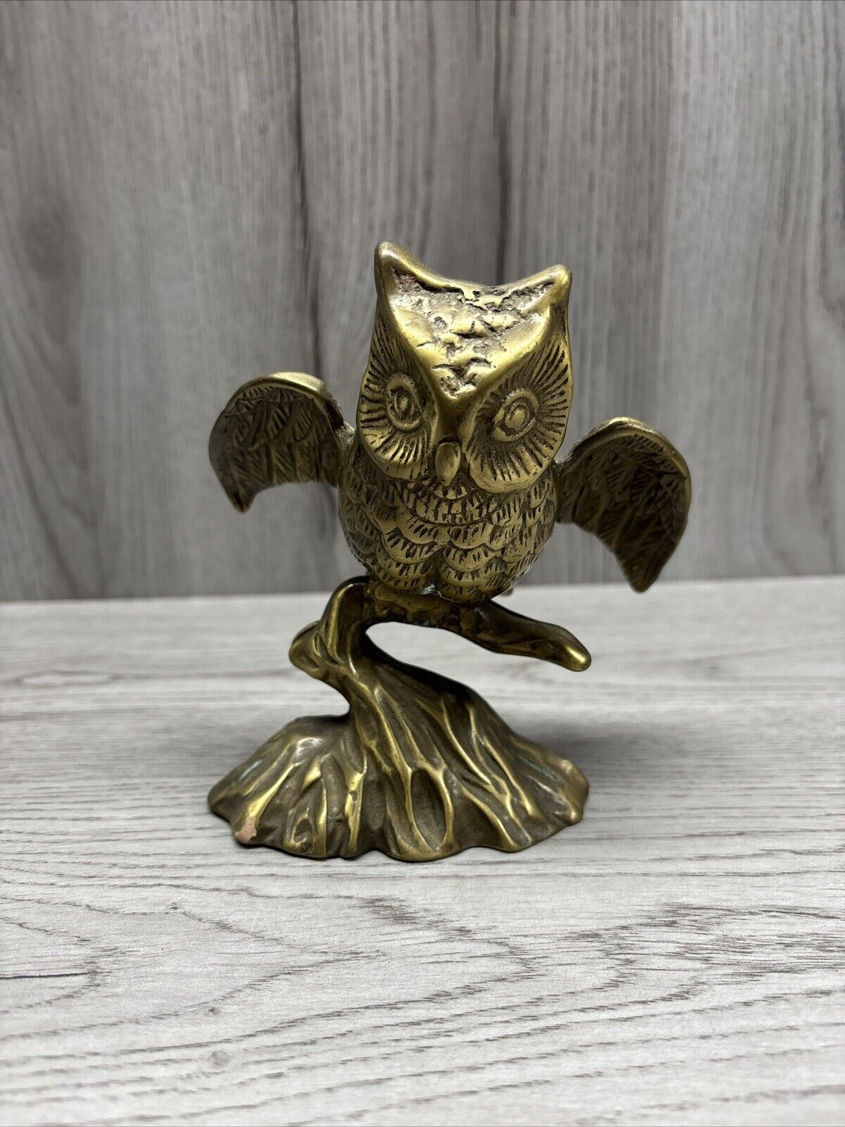 Vintage Brass Owl Bird Sitting On Branch Figurine Heavy Perched  Animals MCM 6”