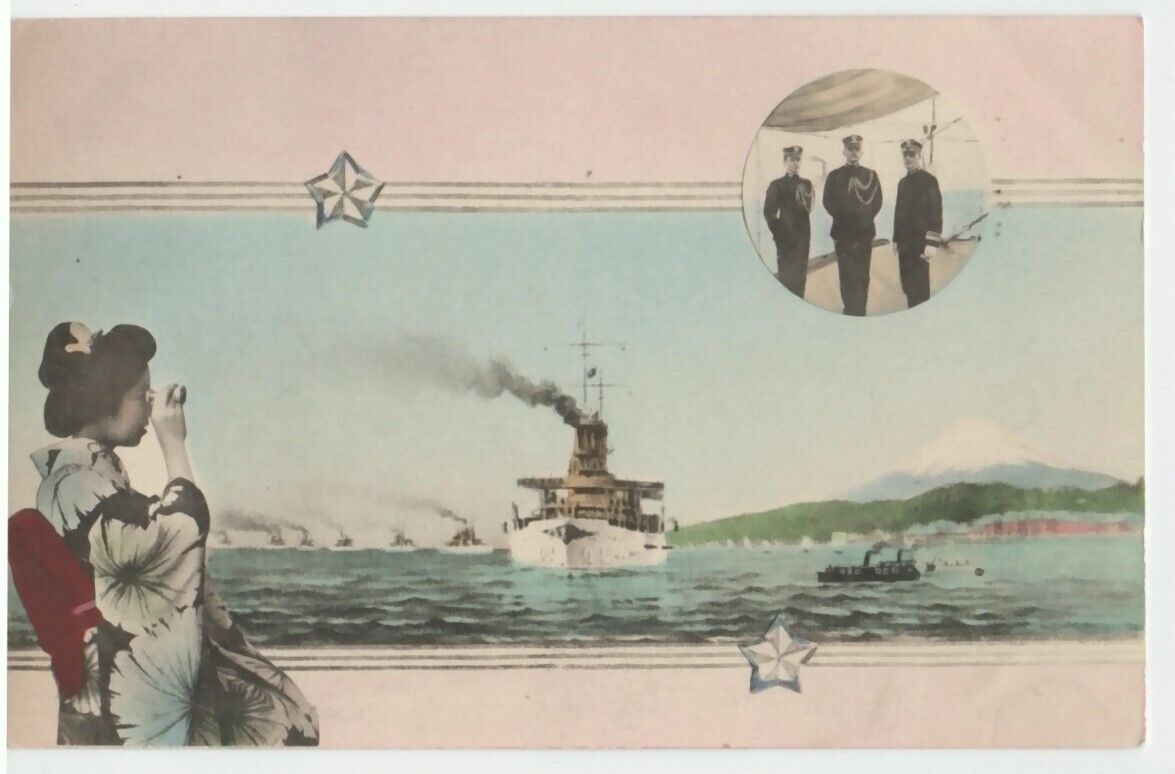 1908 Great White Fleet Japan - Admiral Evans ? Lady Looks at Ship Formation