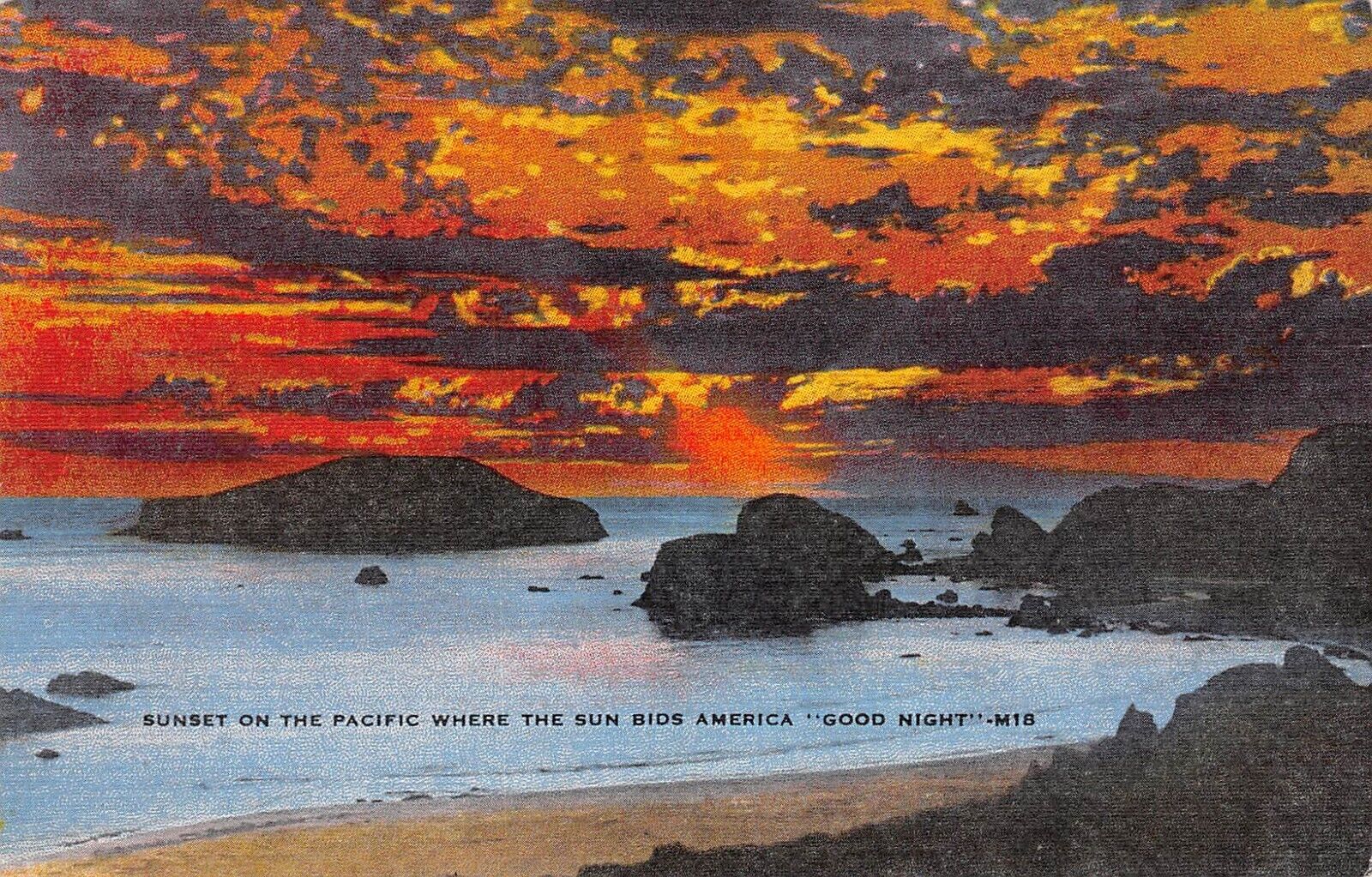 D2113 Sunset on the Pacific - Linen Postcard, Publisher E. C. Kropp Co., No. 909
