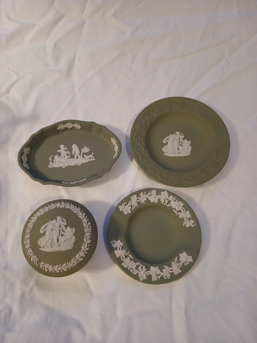 Vintage Wedgewood Green Jasperware - Four Pieces. Trinket Dishes & Ashtray