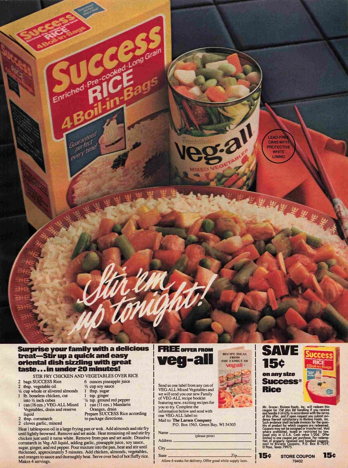 Success Rice Boil In Bags Veg All Vegetable Ad 1980S Vtg  Magazine Print Ad 8X11