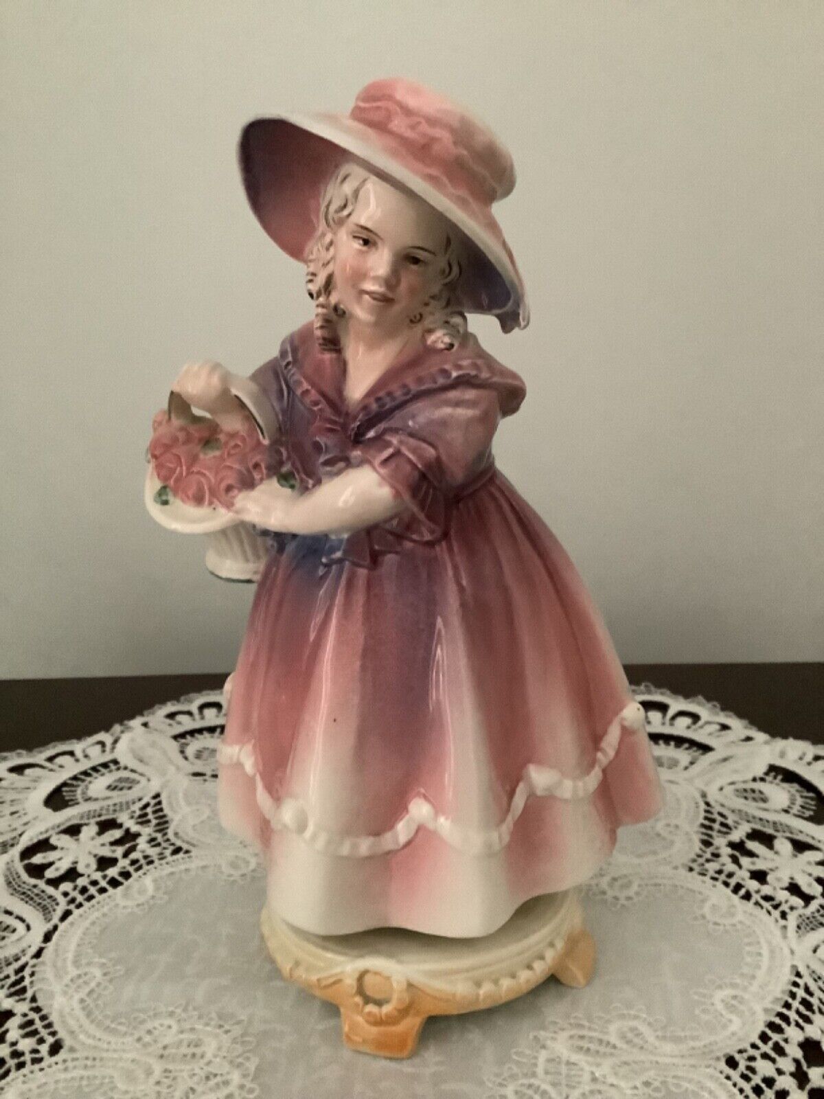 Vintage Hertwig Katzhutte Co Girl w/Basket of Roses Figurine Pink Dress 8” Mint
