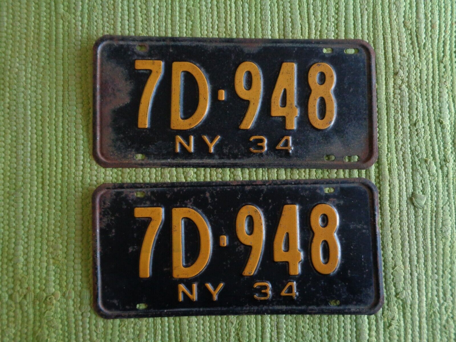 1934 New York License Plate Matched Pair 34 NY Tag 7D-948 Plates