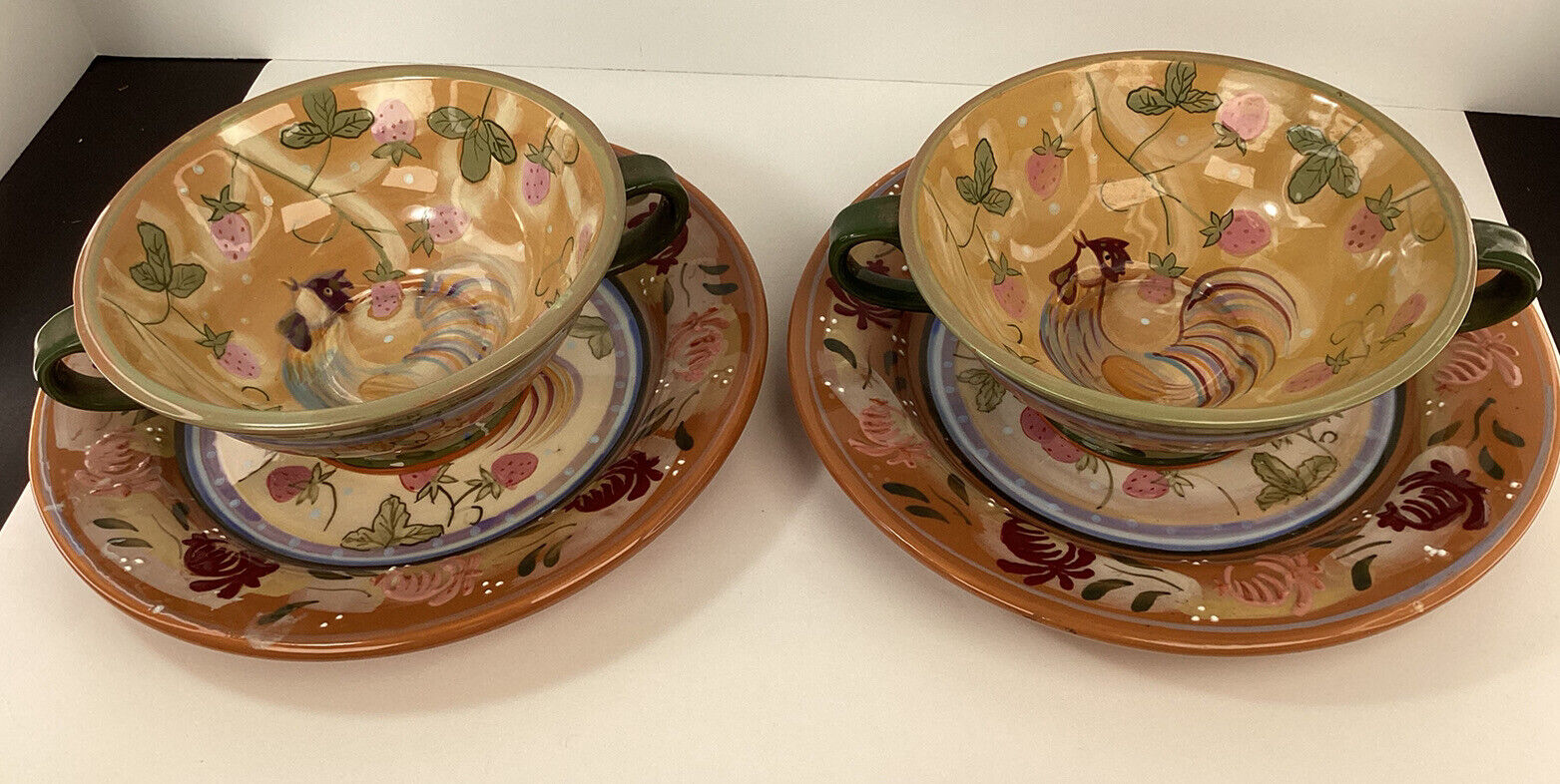 Set of 2 ceramic Chanticleer salad plates and 2 soup rice bowls Danna Cullen