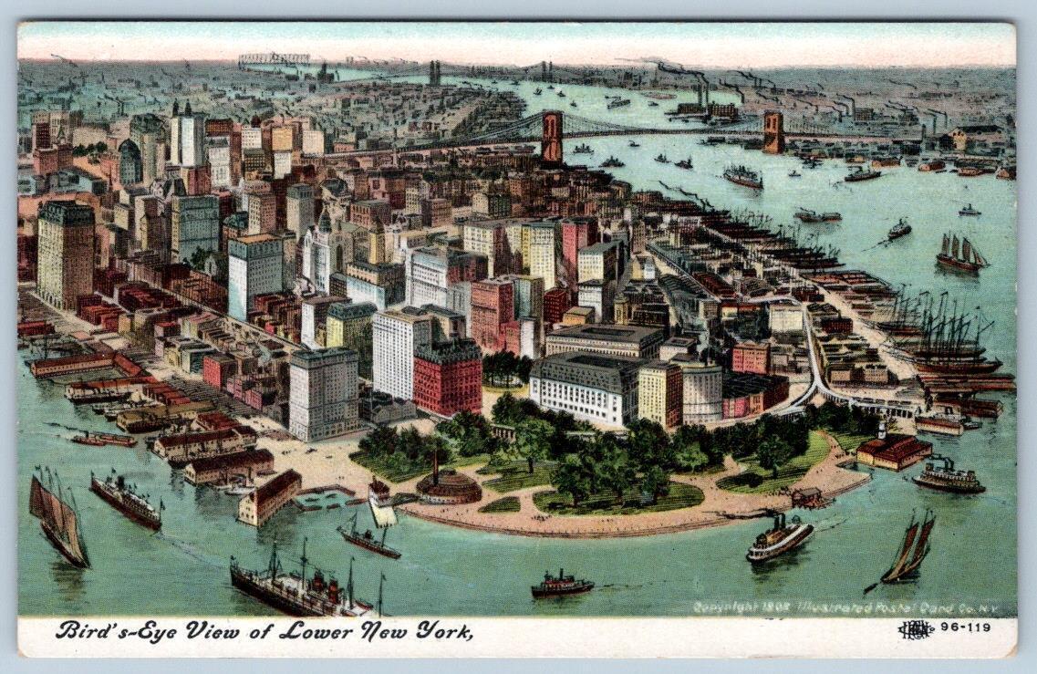 1908 BIRD'S EYE VIEW AERIAL LOWER NEW YORK CITY ILLUSTRATED POSTCARD CO
