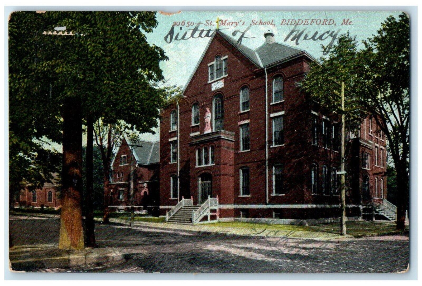 1908 St. Mary\'s School Building Scene Street Biddeford Maine ME Antique Postcard